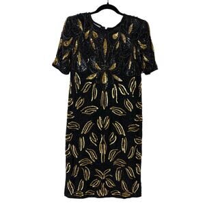 Vintage Black & Gold Beaded Cocktail Dress – Art Deco Sequin Short Sleeve Party